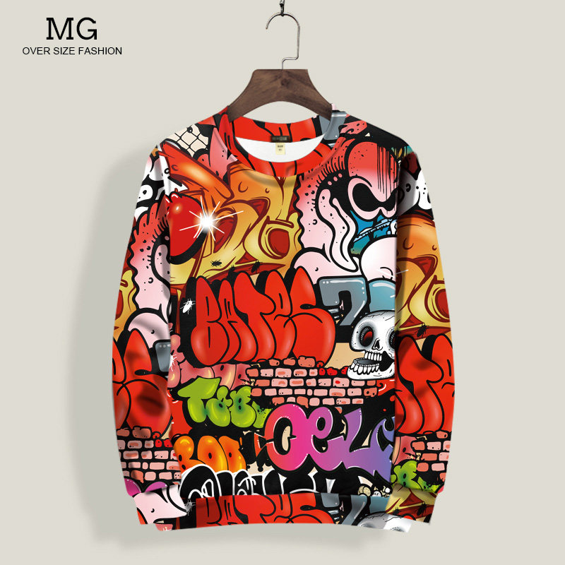 涂鸦印花卫衣男ins潮牌长袖T恤大码加肥春秋加绒圆领休闲运动外套