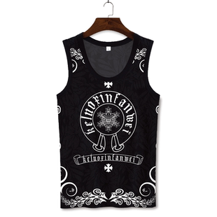 夏季潮牌梵文背心男ins潮流大码无袖T恤马蹄印花二道坎肩冰丝速干