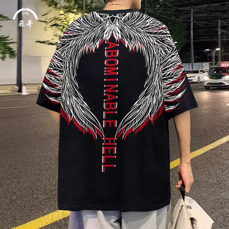 设计感小众翅膀印花短袖T恤男夏季oversize落肩半袖圆领休闲体恤