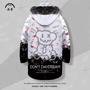 面包服保暖加厚棉服 加肥中长款 2026新款 羽绒服外套男小熊印花大码