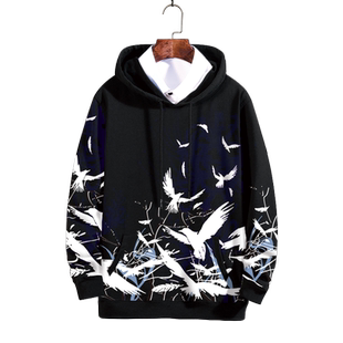 潮牌潮流鸟卫衣男士秋季加绒连帽外套ins超火彼岸花印花大码上衣