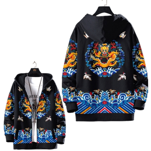 秋季外套男中国风卫衣皇帝龙袍连帽开衫加绒加厚大码加肥国潮上衣