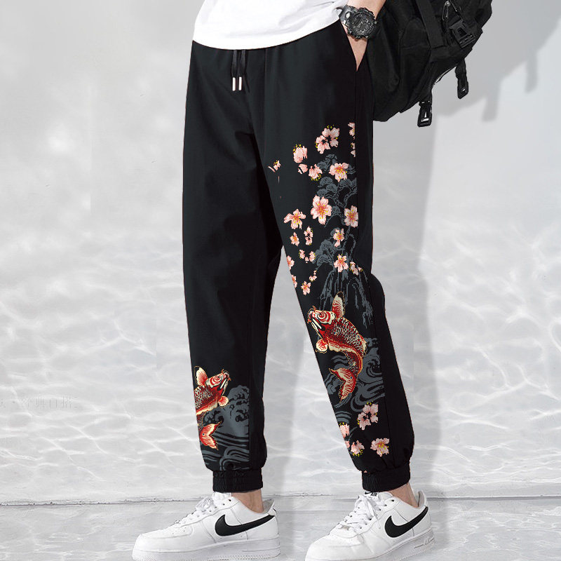 国风卫裤男锦鲤印花oversize束脚运动休闲裤春秋加绒加厚大码长裤