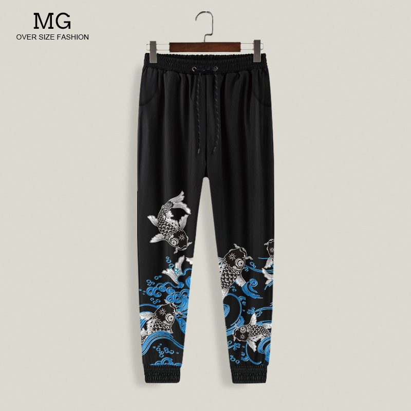 中国风卫裤男国潮锦鲤鱼印花束脚休闲裤春秋加绒大码加肥运动长裤