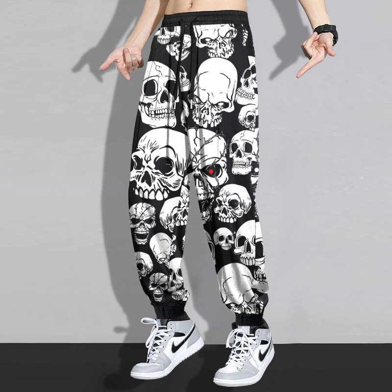 秋季卫裤男休闲裤骷髅头印花潮流运动裤加绒束脚长裤美式嘻哈裤子