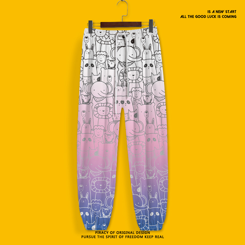 渐变印花九分裤男夏季薄款长裤子大码加肥束脚哈伦裤聚酯纤维男裤