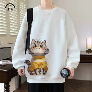 T恤青少年潮牌上衣 圆领长袖 小猫印花卫衣外套男oversize秋季 新款