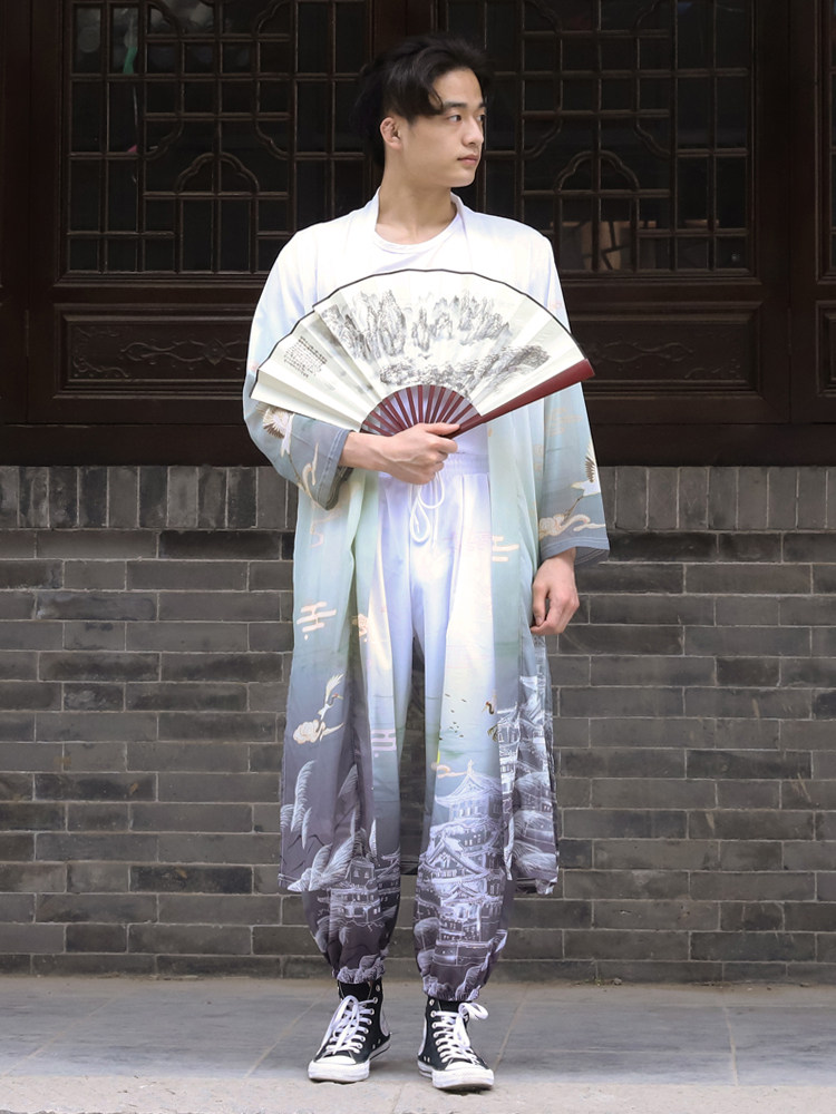 道袍男汉服宽松披风外套中国风长袍秋季仙鹤印花襦裙女雪纺薄长衫