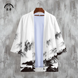 秋季中国风水墨披风男衬衫外套羽织仙鹤道袍汉服男装唐装加肥加大