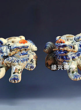 陶瓷狮子摆件一对看门大门开口家用醒狮门口吉祥物