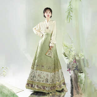 班服中国风 日常套装 风来榕下原创明制汉服女夏季 绿色马面裙飞机袖