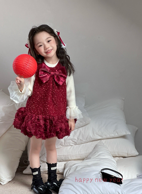 女童红色连衣裙加绒2025秋冬新款洋气宝宝蝴蝶结玫瑰公主裙新年装