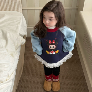 苏西2025秋冬新女童韩系加绒卡通拉布布印花长款卫衣+打底裤套装