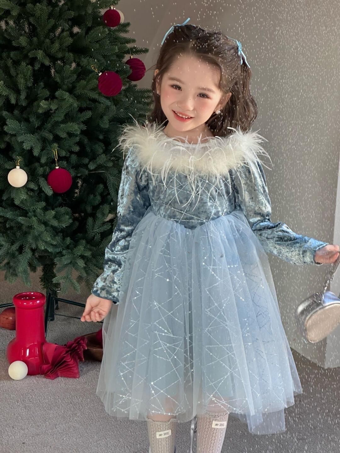 秋冬加绒艾莎冰雪公主连衣裙女孩重工定制生日裙爱莎公主礼服裙