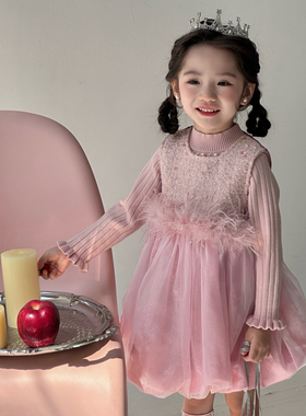 2025女童秋冬季羽毛亮片公主高定礼服裙轻奢小香风加厚背心裙