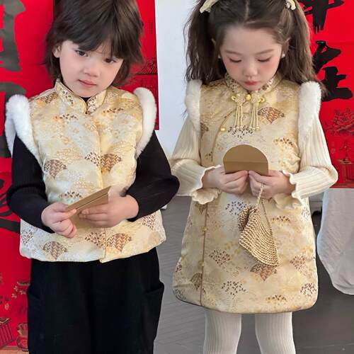 男女童新中式国风套装2024新款儿童唐装旗袍兄妹姐弟装新拜年礼服