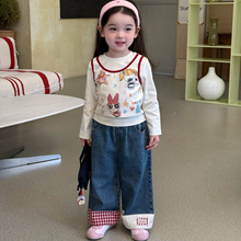 女童2025秋季新款童装儿童小女警假两件长袖T恤+牛仔阔腿裤子套装