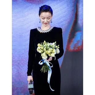 欧洲倪妮同款连衣裙2025新款高级感赫本风重工钉珠年会黑色丝绒晚