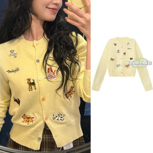 欧洲炽热吸引吴浓雨方瑾同款毛衣开衫黄色小狗圆领长袖短款针织衫