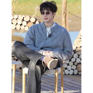 王安宇明星同款穿搭深灰色立领拉链针织衫毛衣外套秋冬男装夹克潮