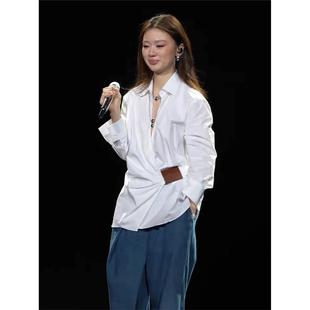 欧洲欧洲单依纯同款法式不规则皮标长袖衬衫女夏季白色衬衣设计感