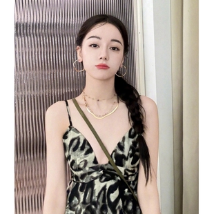 豹纹吊带背心上衣美式 欧洲明星迪丽热巴同款 覆古辣妹荷叶边吊带洋
