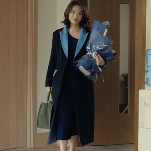 欧洲夜色正浓蓝盈莹梁丹宁同款风衣外套秋冬v领中长款大衣女衣服