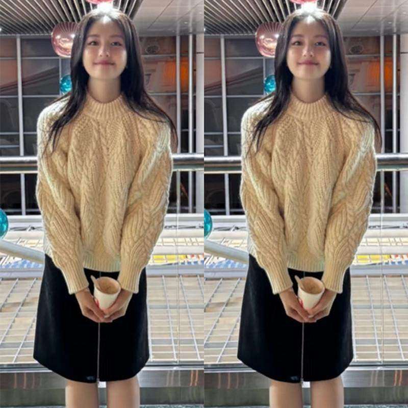 欧洲李兰迪同款复古米白色套头宽松麻花毛衣针织衫上衣女2025春季