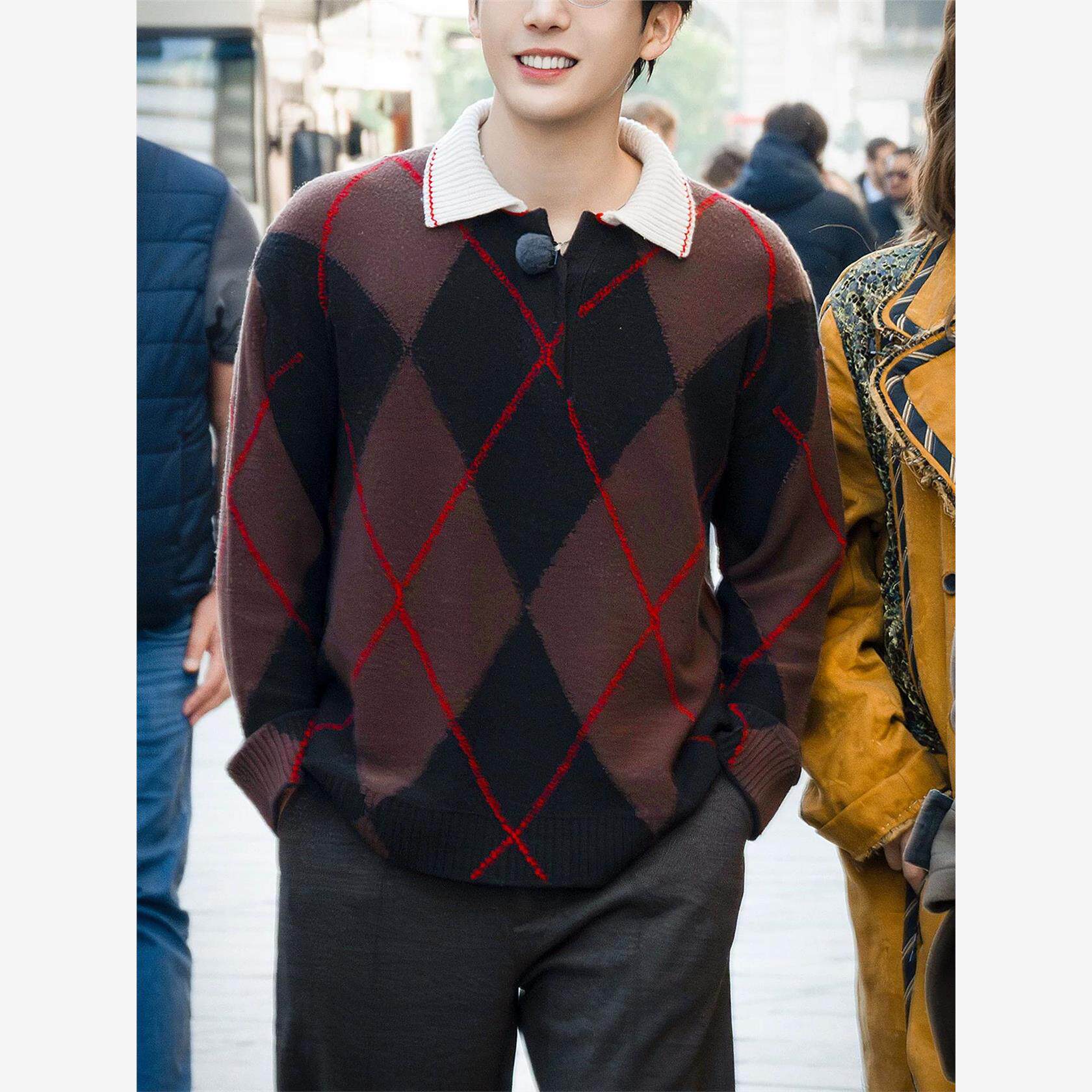 欧洲现在就出发3王安宇同款针织穿搭菱形格设计感polo领毛衣秋冬