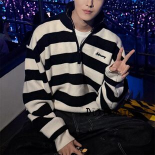欧洲田嘉瑞同款毛衣韩版黑白条纹拼接撞色字母半拉链套头长袖针织