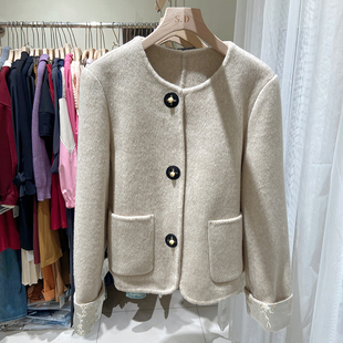 秋冬款气质圆领口袋时尚淑女双面羊毛短小香风外套羊驼毛大衣2838