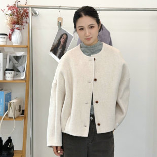 秋冬款小香风宽松圆领双面羊毛呢短款外套女小个子纽扣大衣韩版