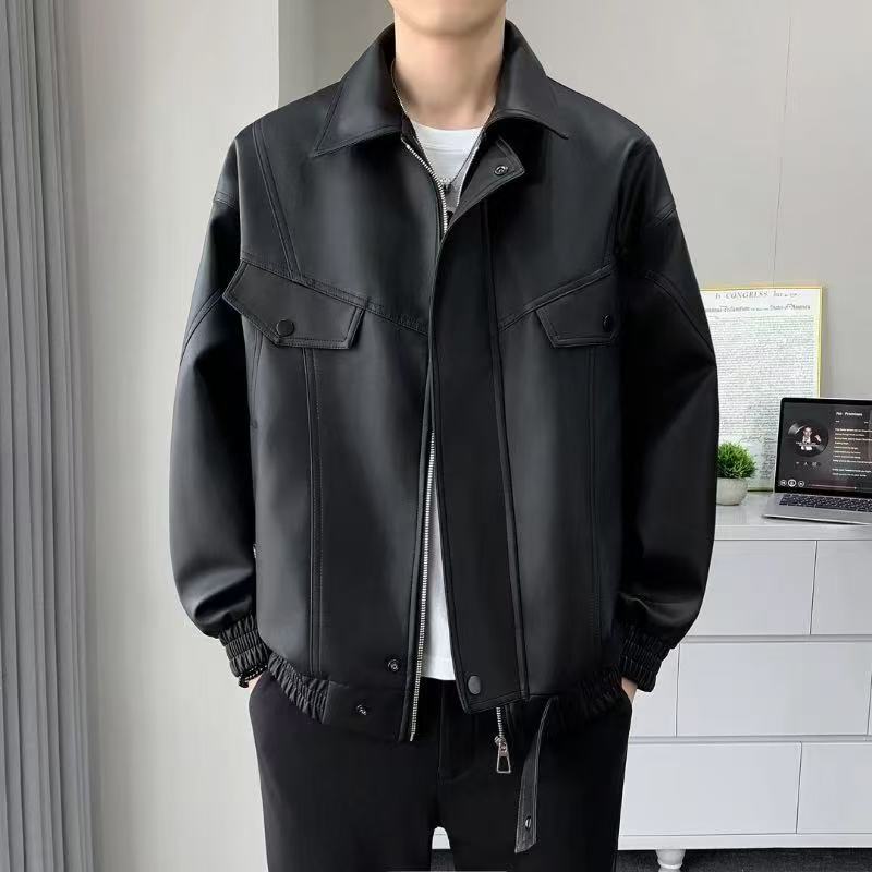 春秋季男士翻领皮衣美式潮牌PU夹克宽松休闲机车情侣款学生外套男