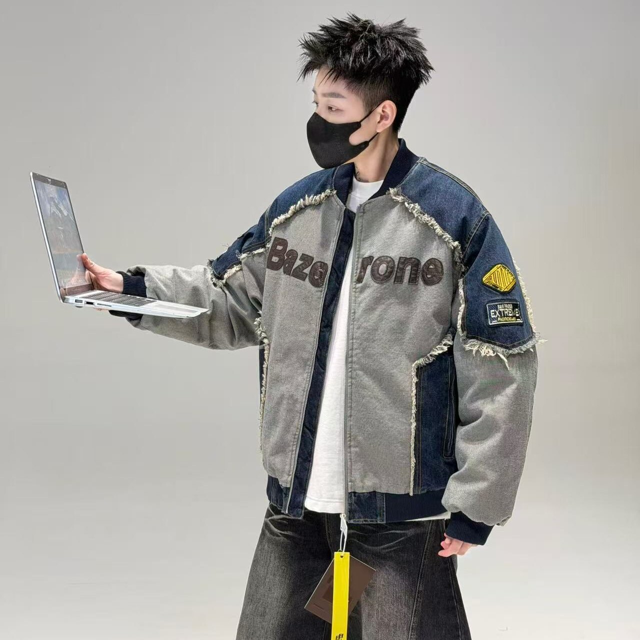 美式高街潮牌拼接牛仔夹克男春秋宽松版型刺绣字母棒球服男士外套