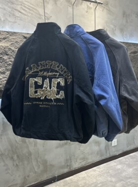 潮牌重工贴布刺绣夹克男士冬季三条杠夹棉复古做旧立领保暖棉衣男