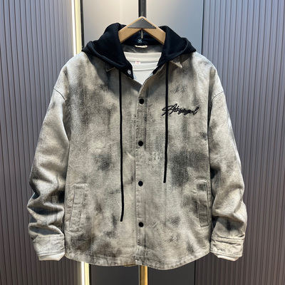 水洗牛仔夹克连帽可拆卸宽松外套