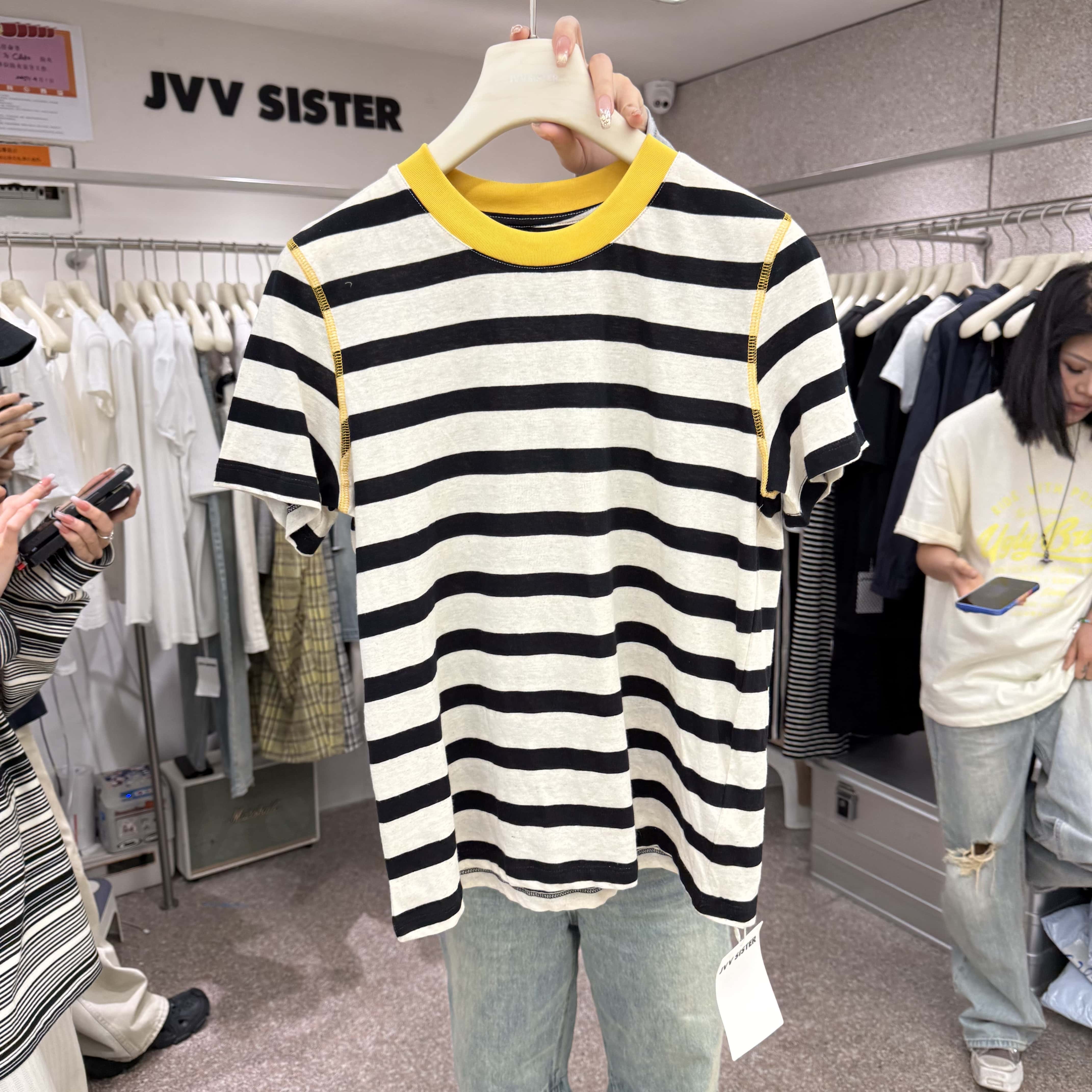 JVV SISTER2025春夏新款韩版撞色圆领条纹短袖T恤女百搭显瘦上衣