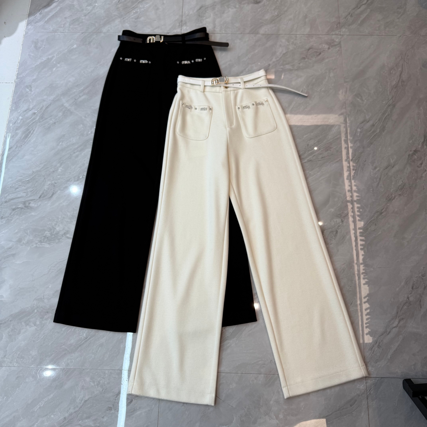 欧洲站2025秋冬新款气质高腰双口袋羊绒阔腿裤女窄版显瘦直筒长裤