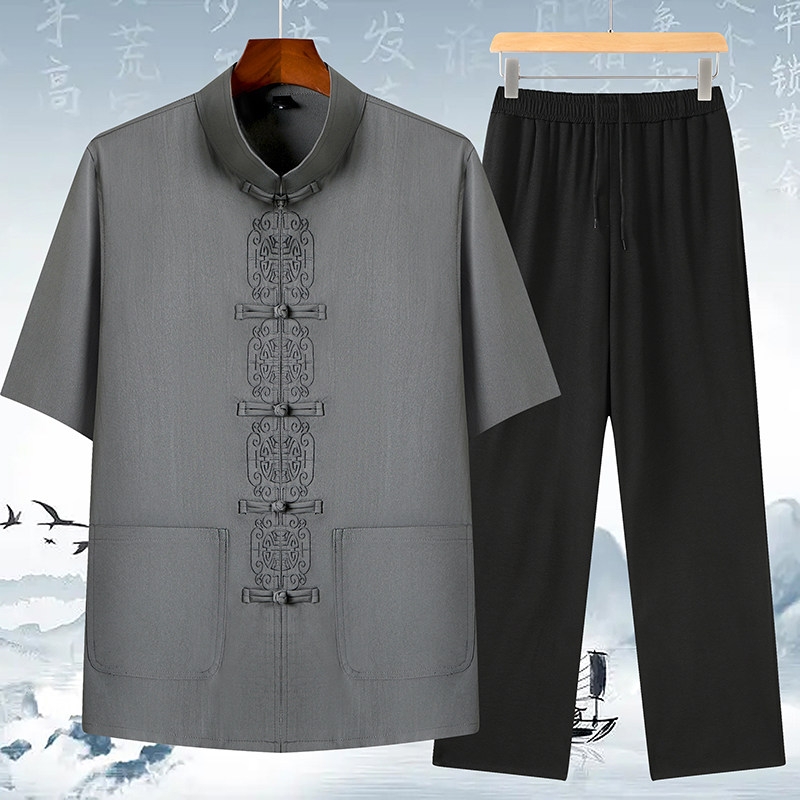 T209P42风棉麻套装刺绣x夏季唐装居士服汉服爷爷太极服爸爸装,男装民族服装,星座1108-2