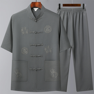 T202P42爸爸装风居士服汉服爷爷短袖套装中老年唐装两件套图片