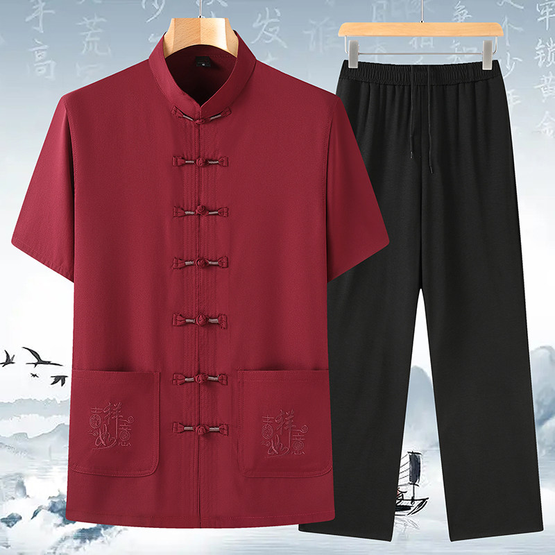 T210P42风套装刺绣唐装居士服汉服爷爷太极服爸爸装主推价优图片