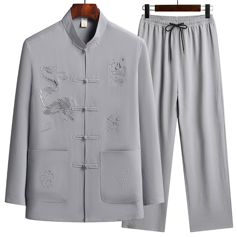 C216P48爸爸装太极服秋季长袖棉麻套装风盘扣宽松唐装爷爷装,男装民族服装,星座1108-2