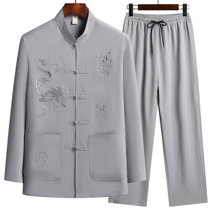 C216P48 爸爸装太极服秋季长袖棉麻套装风盘扣宽松唐装爷爷装图片