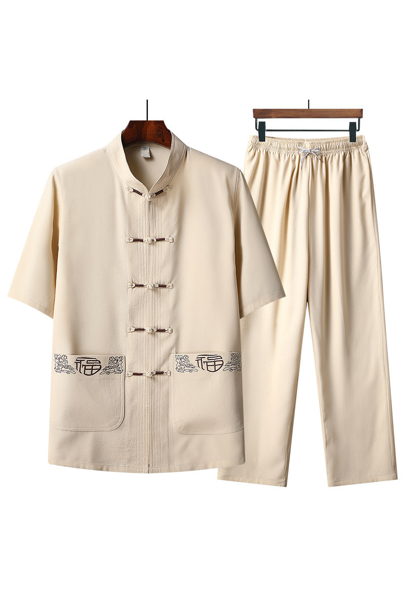 T215P45爸爸衣服夏季棉麻风套装仿唐装汉服爷爷太极服,男装民族服装,星座1108-2