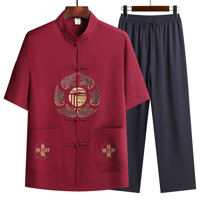 T201P42夏季爷爷短袖套装中老年唐装套装爸爸装风居士服汉服，男装民族服装，星座1108A