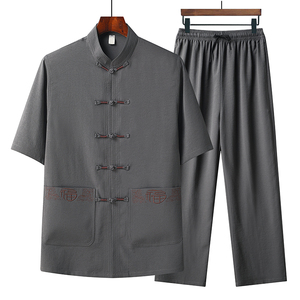 T215P45夏季棉麻风套装仿唐装汉服爷爷太极服爸爸衣服图片