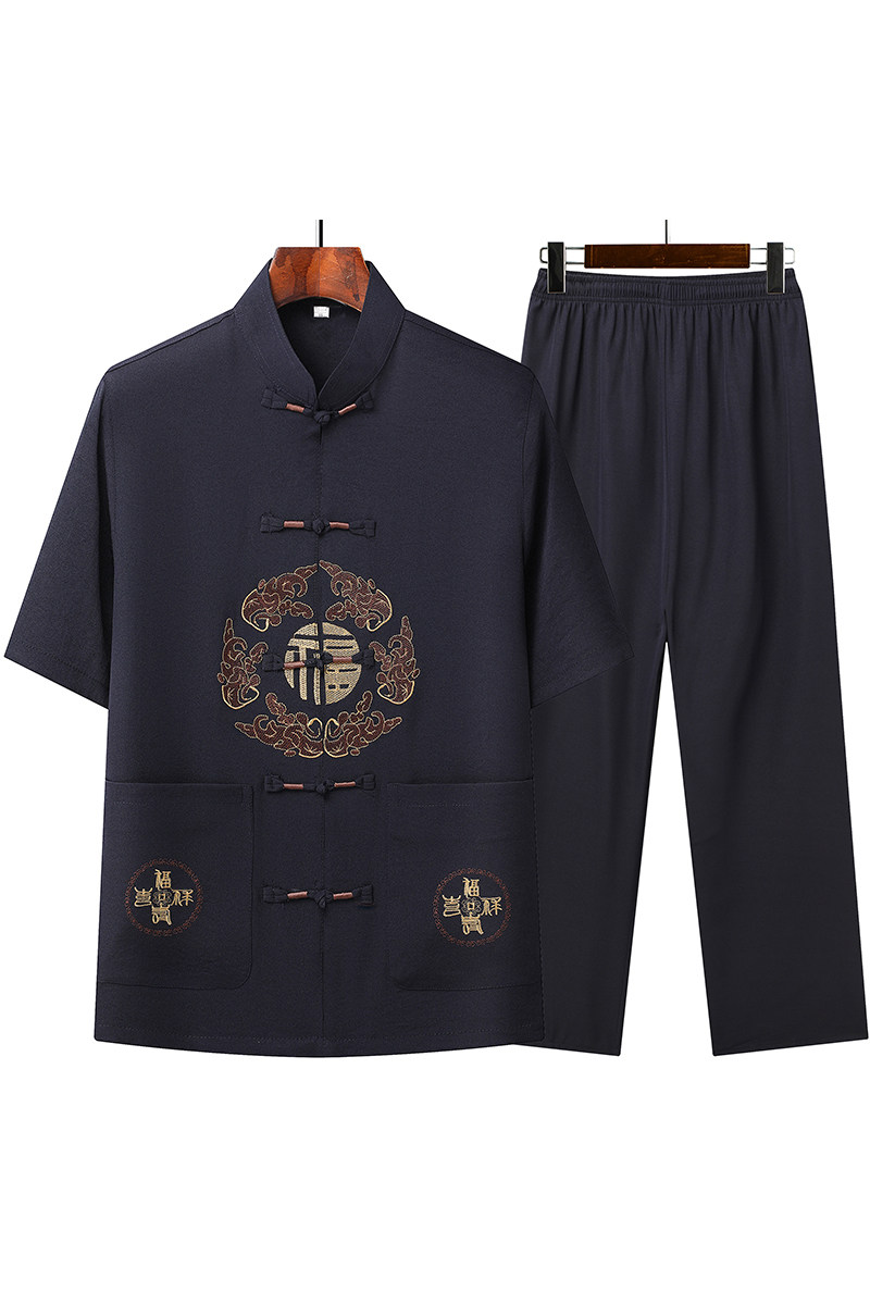 T201P42主推爷爷短袖套装中老年唐装套装爸爸装风居士服汉服,男装民族服装,星座1108-2