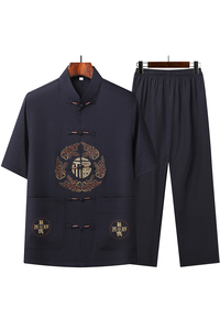 T201P42主推爷爷短袖套装中老年唐装套装爸爸装风居士服汉服图片