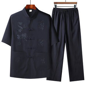 T216P40夏季棉麻风套装盘扣宽松唐装汉服爷爷太极服爸爸衣服图片