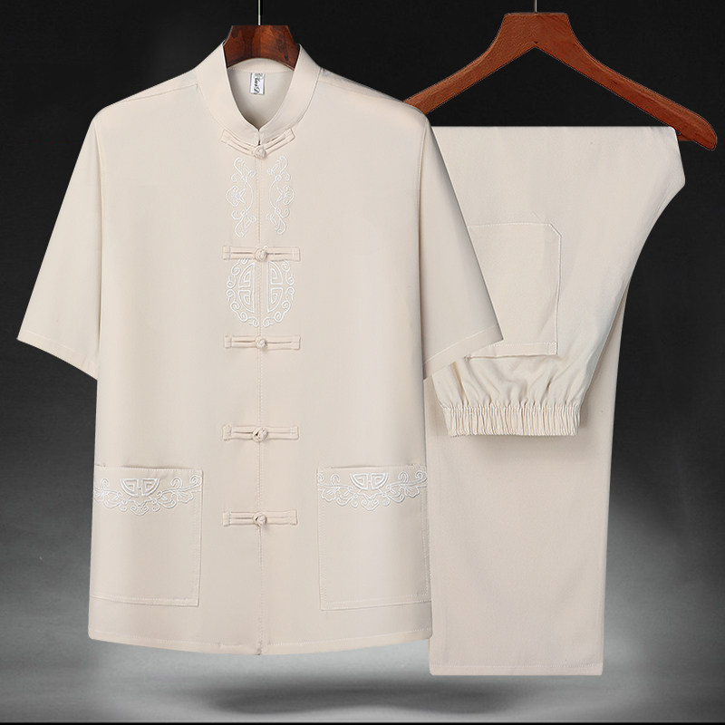T219P42中老年冰丝唐装套装夏季短袖爸爸装太极服爷爷装两件套,男装民族服装,星座1108-2